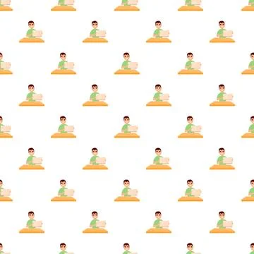 Student character sitting at desk reading book pattern Stock Illustration