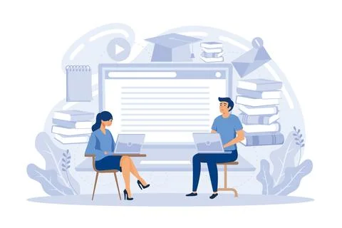 Student character study at computer. online education concept flat vector m.. 库存插图