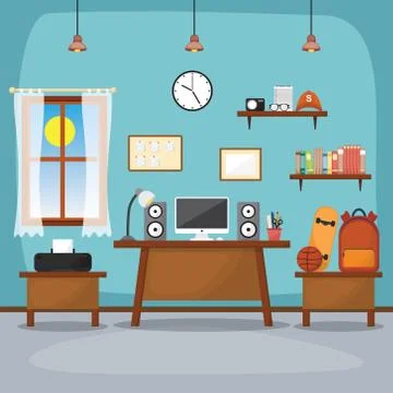 Student Children Study Desk Table Interior Room Furniture Flat Design Stock Illustration