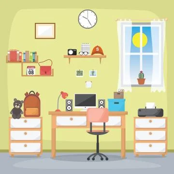 Student Children Study Desk Table Interior Room Furniture Flat Design Stock Illustration