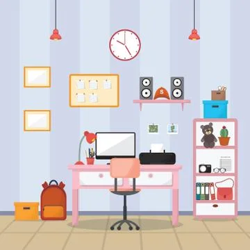 Student Children Study Desk Table Interior Room Furniture Flat Design Stock Illustration