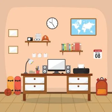 Student Children Study Desk Table Interior Room Furniture Flat Design Stock Illustration