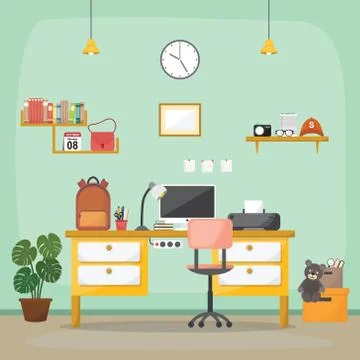 Student Children Study Desk Table Interior Room Furniture Flat Design Stock Illustration