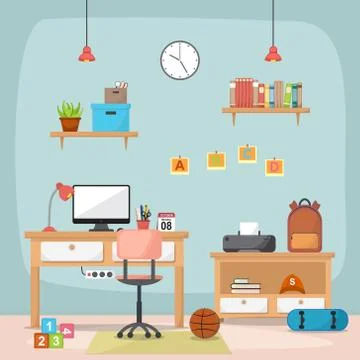 Student Children Study Desk Table Interior Room Furniture Flat Design Stock Illustration