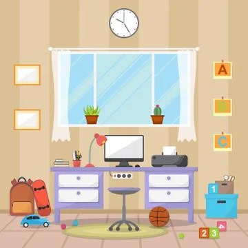 Student Children Study Desk Table Interior Room Furniture Flat Design Stock Illustration