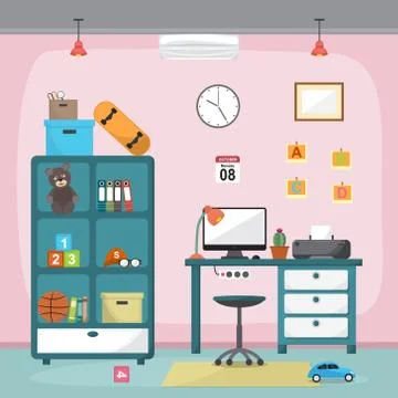 Student Children Study Desk Table Interior Room Furniture Flat Design Stock Illustration