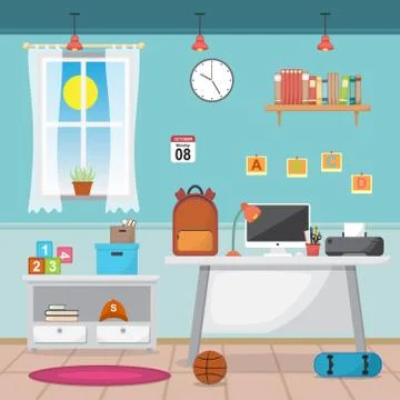 Student Children Study Desk Table Interior Room Furniture Flat Design Stock Illustration