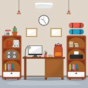 Student Children Study Desk Table Interior Room Furniture Flat Design Stock Illustration