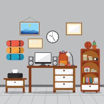 Student Children Study Desk Table Interior Room Furniture Flat Design Stock Illustration