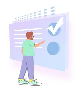 Student choosing answer from checkbox. Distant exam, online test - flat illus Illustrazione stock