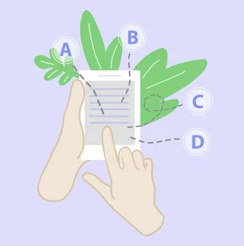 Student choosing answer from checkbox on phone screen. Distant exam, online t Illustrazione stock