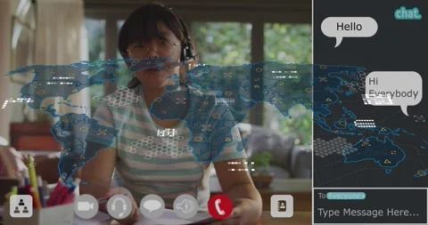 Student clicking laptop controls noting in e-learning while data icons on faded Stock Footage 317600085