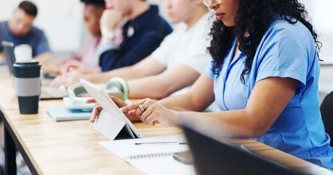 Student, college and hands with tablet for learning, assignment submission .. Stock Photos