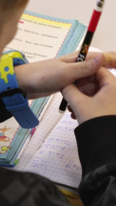 A student completing math exercises in a notebook while a teacher provides .. Stock Footage 339861033