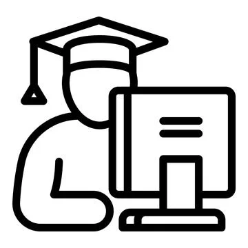 Student at the computer icon, outline style Illustrazione stock