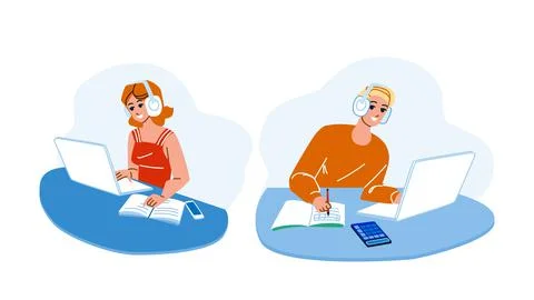 Student Couple Doing Homework On Laptop Vector Stock Illustration
