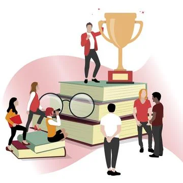 Student with cup on stack books. Wisdom and studying Stock Illustration