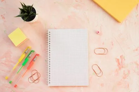 Student desk workspace. Flat lay, top view, header template. Stock Photos