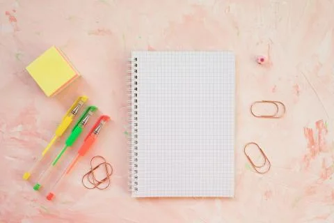 Student desk workspace. Flat lay, top view, header template. Foto stock