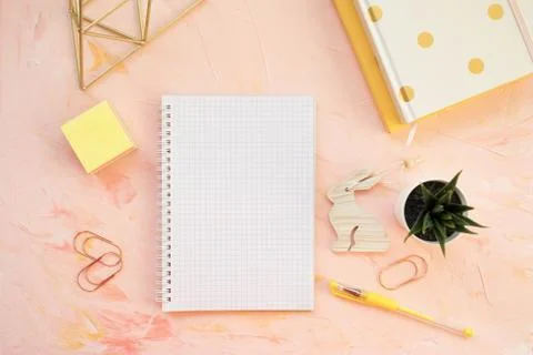 Student desk workspace. Flat lay, top view, header template. Stock Photos