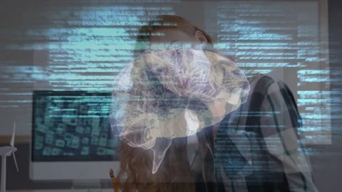 Student at desk writing notebook, activating brain and streaming code over head Video stock 333034698