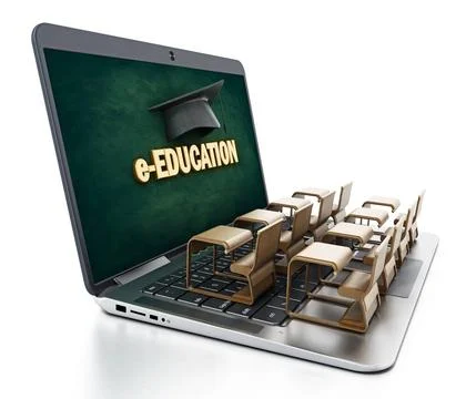 Student desks on laptop computer keyboard. 3D illustration Student desks o... 스톡 사진