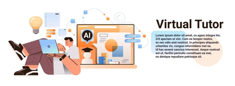 Student doing homework with ai helper bot educational web seminar internet Stock Illustration