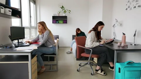 Student dorm roommates, three young women, each doing their own homework in the Stock Footage 223953486