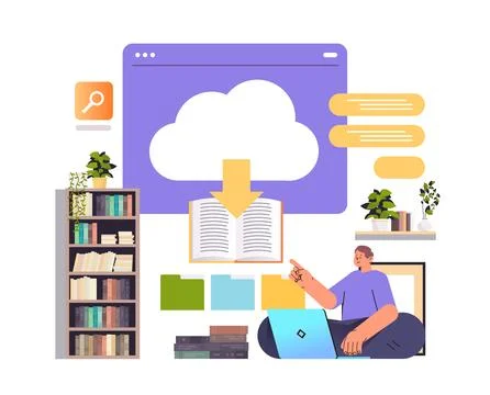 Student downloading course material from virtual cloud online education distance Stock Illustration