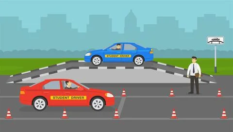 Student drivers learning to drive on ramp and stop at line. Side view. Stock Illustration