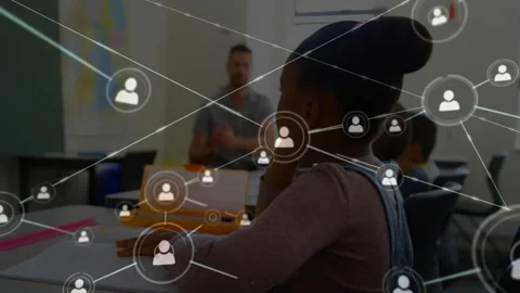 Student in education class node appearing radiating network lines lifting hands 스톡 동영상 311084017