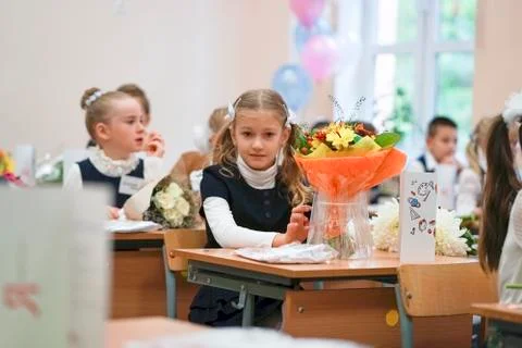 Student of elementary school in uniform in classroom. Stock Photos