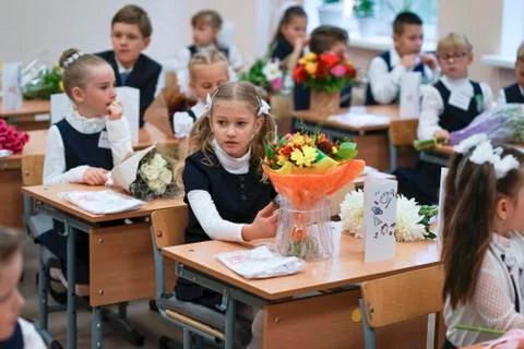 Student of elementary school in uniform in classroom. Stock Photos