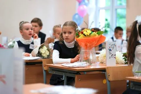 Student of elementary school in uniform in classroom. Stock Photos