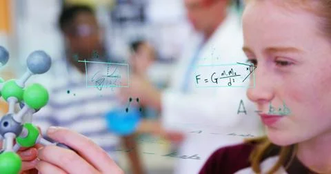 Student examining molecular model in science class, focusing on chemistry Illustrazione stock