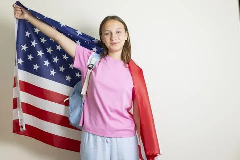 Student exchange program in the USA with American flag Stock-Fotos