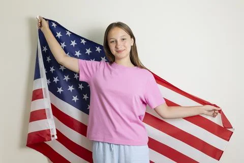 Student exchange program in the USA with American flag Stock-Fotos