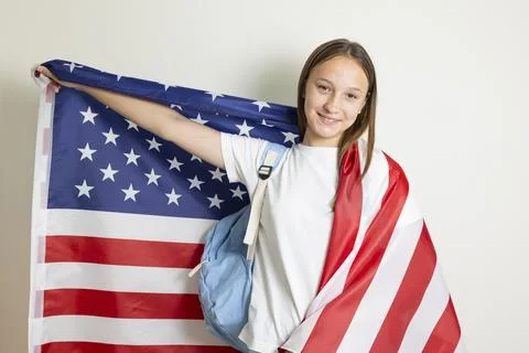 Student exchange program in the USA with American flag Stock-Fotos