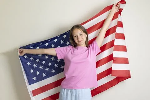 Student exchange program in the USA with American flag Stock-Fotos