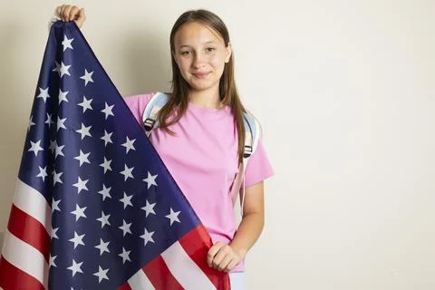 Student exchange program in the USA with American flag Stock-Fotos