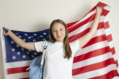 Student exchange program in the USA with American flag Stock-Fotos