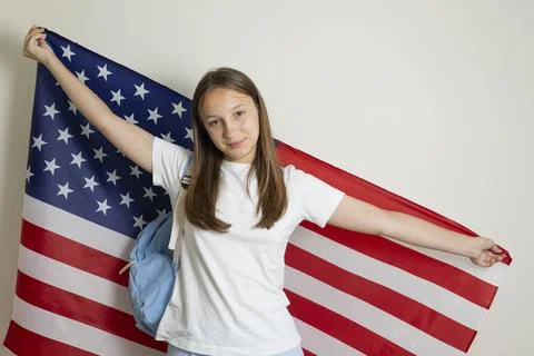 Student exchange program in the USA with American flag Stock-Fotos