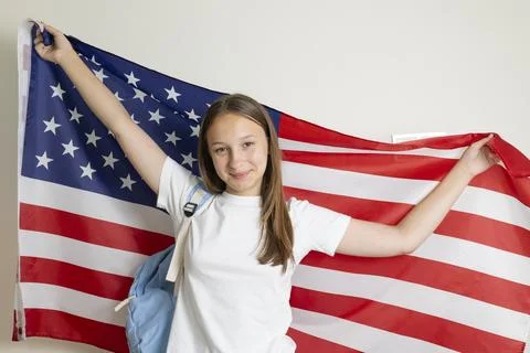 Student exchange program in the USA with American flag Stock-Fotos