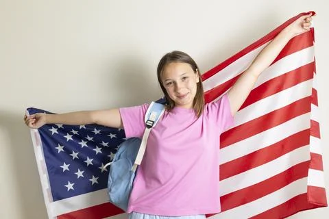 Student exchange program in the USA with American flag Stock-Fotos