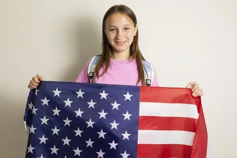 Student exchange program in the USA with American flag Stock-Fotos