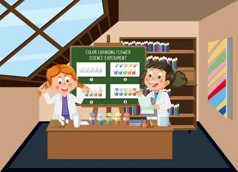 Student explaining color changing flower science experiment Stock Illustration