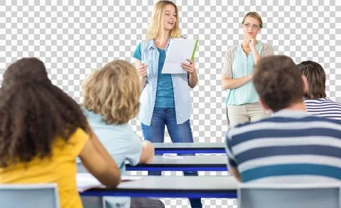 Student explaining notes besides teacher in class Stock Illustration