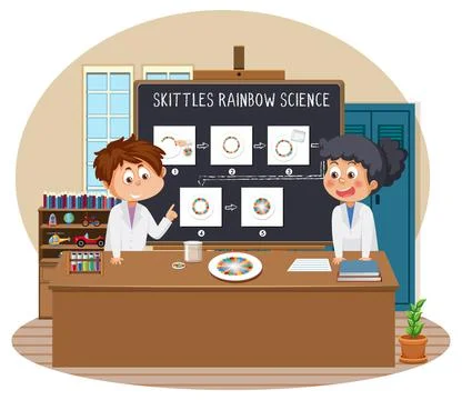 Student explaining skittles rainbow science experiment Stock Illustration