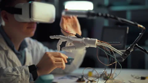 Student explores robotics and virtual reality in a tech lab setting with a p Stock Footage 331297535