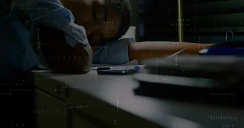 Student falling asleep studying, leaning on desk, closing eyes while code Stock Footage 329929416